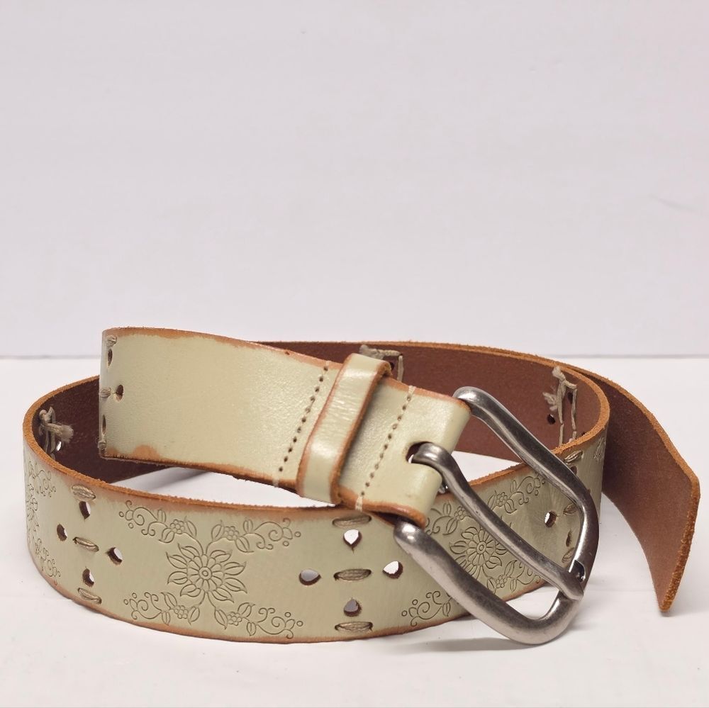 Nine West Women's Belt In Floral Beige Tan Leather Bohemian Cowgirl Western L